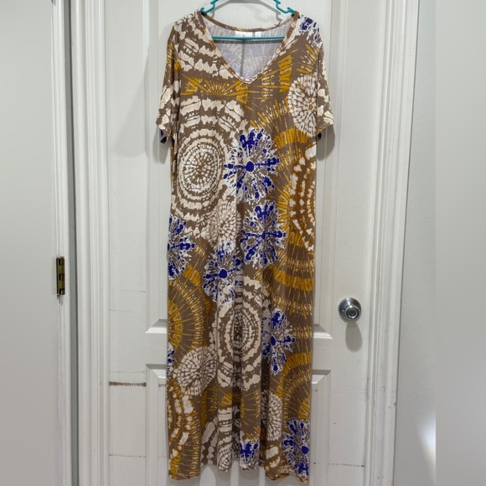 Belle by Kim Gravel Abstract Floral Maxi Dress - Brown, Blue, and Gold NWOT